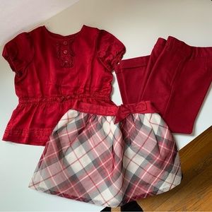Janie & Jack 3 pc girls holiday outfit. Red plaid silk skirt, & wool pants 3T